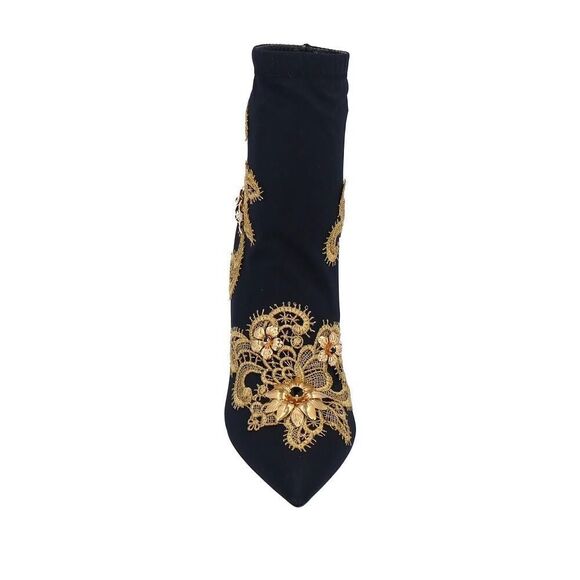 DOLCE & GABBANA Lori 100 Baroque Embroidery Lace Stretch Sock Boot Black Gold 35 - Picture 6 of 8